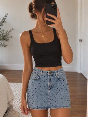 & Other Stories Paris Atelier Polka Dot Denim Mini Skirt 6 Y2K Retro